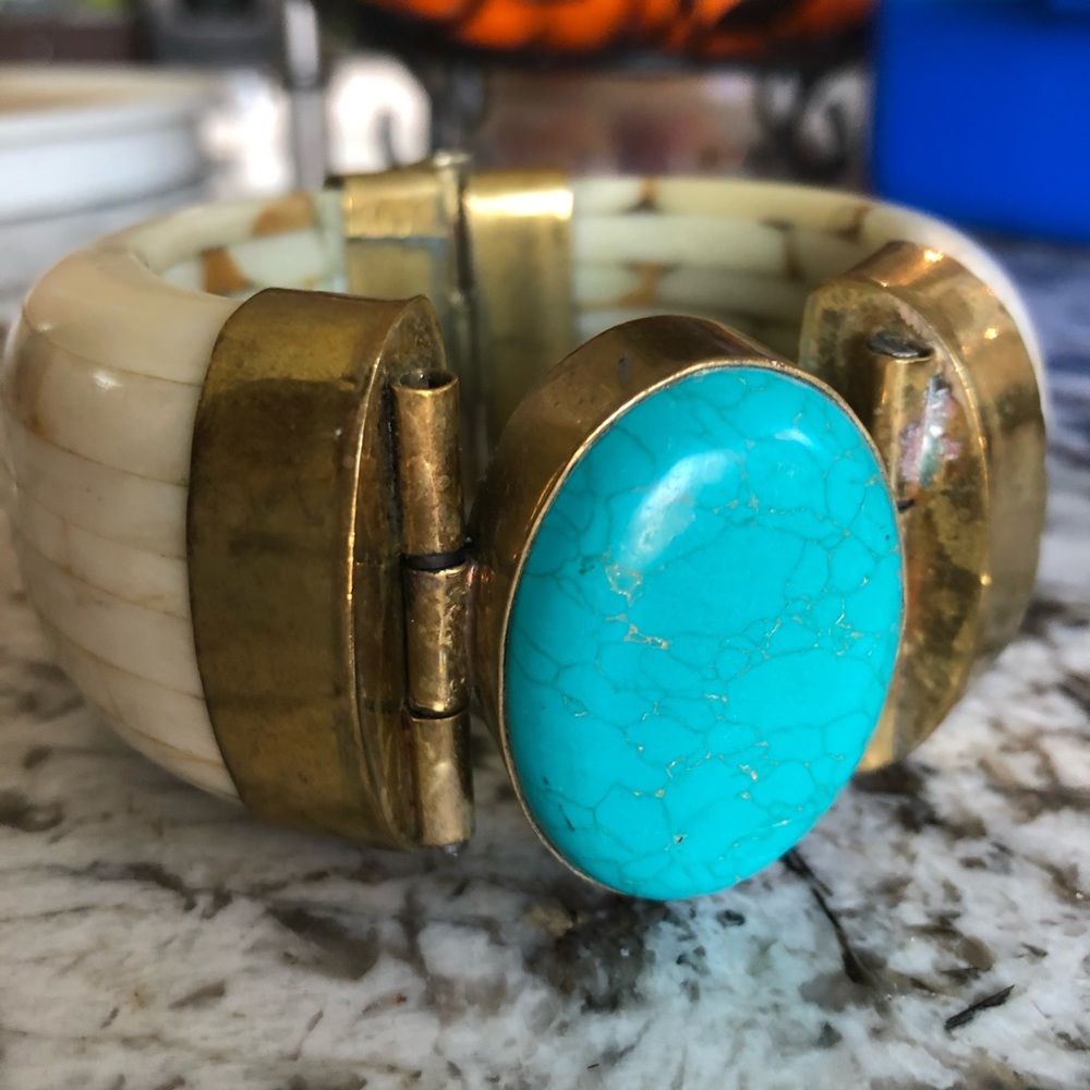 Vintage Chunky Carved Bone Brass Turquoise Bangle